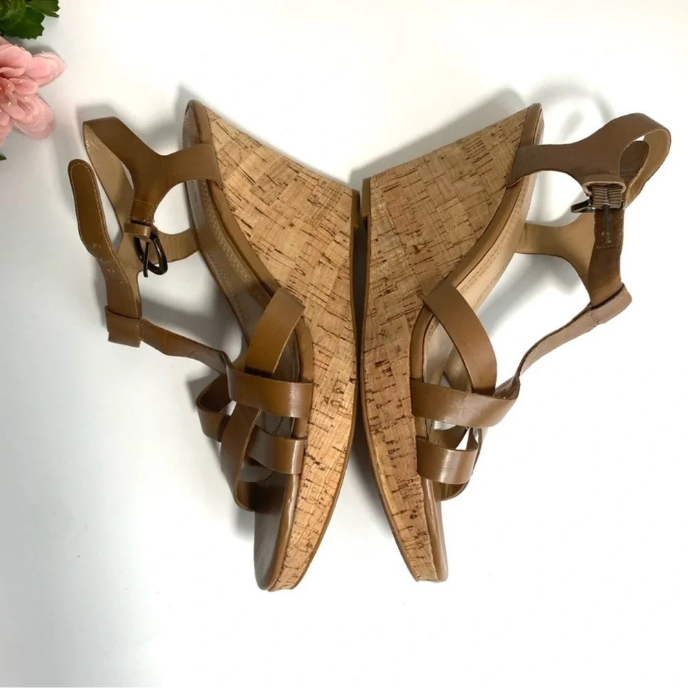 Tahari Sarah Brown Leather Strappy Wedge Sandals